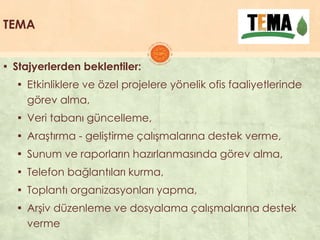 TEMA
▪ Stajyerlerden beklentiler:
▪ Etkinliklere ve özel projelere yönelik ofis faaliyetlerinde
görev alma,
▪ Veri tabanı güncelleme,
▪ AraĢtırma - geliĢtirme çalıĢmalarına destek verme,
▪ Sunum ve raporların hazırlanmasında görev alma,
▪ Telefon bağlantıları kurma,
▪ Toplantı organizasyonları yapma,
▪ ArĢiv düzenleme ve dosyalama çalıĢmalarına destek
verme
 