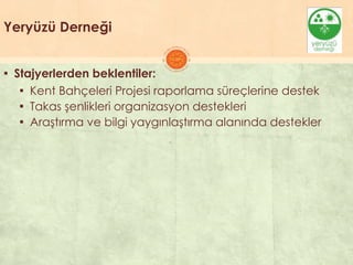 Yeryüzü Derneği
▪ Stajyerlerden beklentiler:
▪ Kent Bahçeleri Projesi raporlama süreçlerine destek
▪ Takas Ģenlikleri organizasyon destekleri
▪ AraĢtırma ve bilgi yaygınlaĢtırma alanında destekler
 