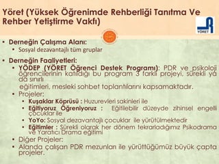 Yöret (Yüksek Öğrenimde Rehberliği Tanıtma Ve
Rehber Yetiştirme Vakfı)
▪ Derneğin Çalışma Alanı:
▪ Sosyal dezavantajlı tüm gruplar
▪ Derneğin Faaliyetleri:
▪ YÖDEP (YÖRET Öğrenci Destek Programı): PDR ve psikoloji
öğrencilerinin katıldığı bu program 3 farklı projeyi, sürekli ya
da sınırlı
eğitimleri, mesleki sohbet toplantılarını kapsamaktadır.
▪ Projeler:
▪ Kuşaklar Köprüsü : Huzurevleri sakinleri ile
▪ Eğitiyoruz Öğreniyoruz : Eğitilebilir düzeyde zihinsel engelli
çocuklar ile
▪ YoYo: Sosyal dezavantajlı çocuklar ile yürütülmektedir
▪ Eğitimler : Sürekli olarak her dönem tekrarladığımız Psikodrama
ve Yaratıcı Drama eğitimi
▪ Diğer Projeler:
▪ Alanda çalıĢan PDR mezunları ile yürüttüğümüz büyük çapta
projeler.
 