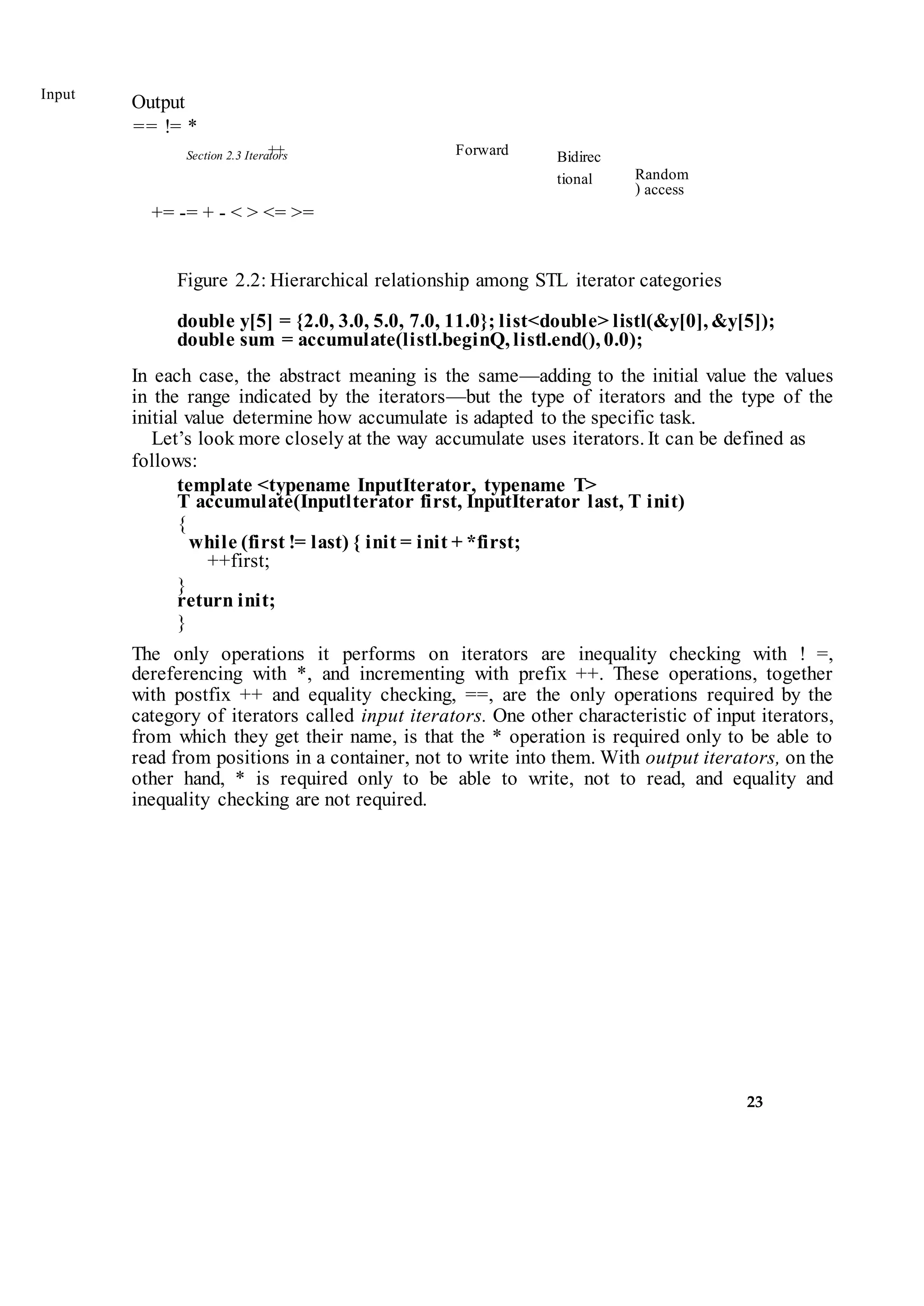 Section 2.3 Iterators
23
Input Output
== != *
+= -= + - < > <= >=
Figure 2.2: Hierarchical relationship among STL iterator categories
double y[5] = {2.0, 3.0, 5.0, 7.0, 11.0}; list<double> listl(&y[0], &y[5]);
double sum = accumulate(listl.beginQ, listl.end(), 0.0);
In each case, the abstract meaning is the same—adding to the initial value the values
in the range indicated by the iterators—but the type of iterators and the type of the
initial value determine how accumulate is adapted to the specific task.
Let’s look more closely at the way accumulate uses iterators. It can be defined as
follows:
template <typename InputIterator, typename T>
T accumulate(Inputlterator first, InputIterator last, T init)
{
while (first != last) { init = init + *first;
++first;
}
return init;
}
The only operations it performs on iterators are inequality checking with ! =,
dereferencing with *, and incrementing with prefix ++. These operations, together
with postfix ++ and equality checking, ==, are the only operations required by the
category of iterators called input iterators. One other characteristic of input iterators,
from which they get their name, is that the * operation is required only to be able to
read from positions in a container, not to write into them. With output iterators, on the
other hand, * is required only to be able to write, not to read, and equality and
inequality checking are not required.
Forward++ Bidirec
tional Random
) access
 