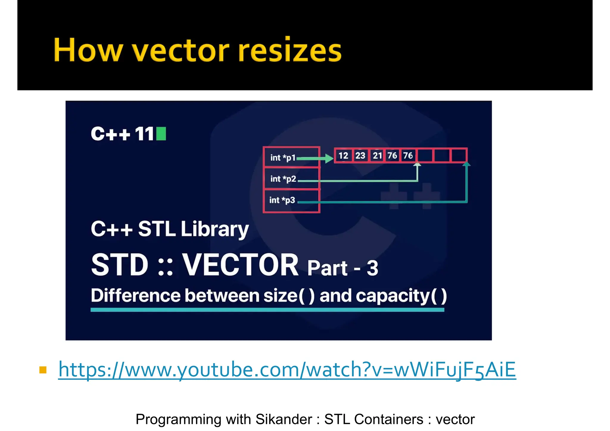 Programming with Sikander : STL Containers : vector  https://www.youtube.com/watch?v=wWiFujF5AiE 