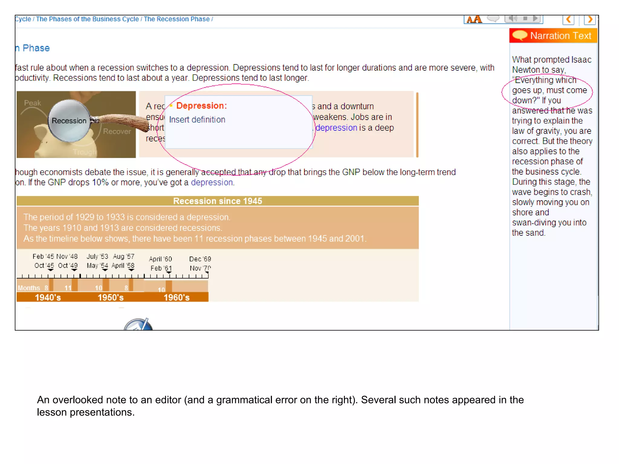 An overlooked note to an editor (and a grammatical error on the right). Several such notes appeared in the lesson presentations.  