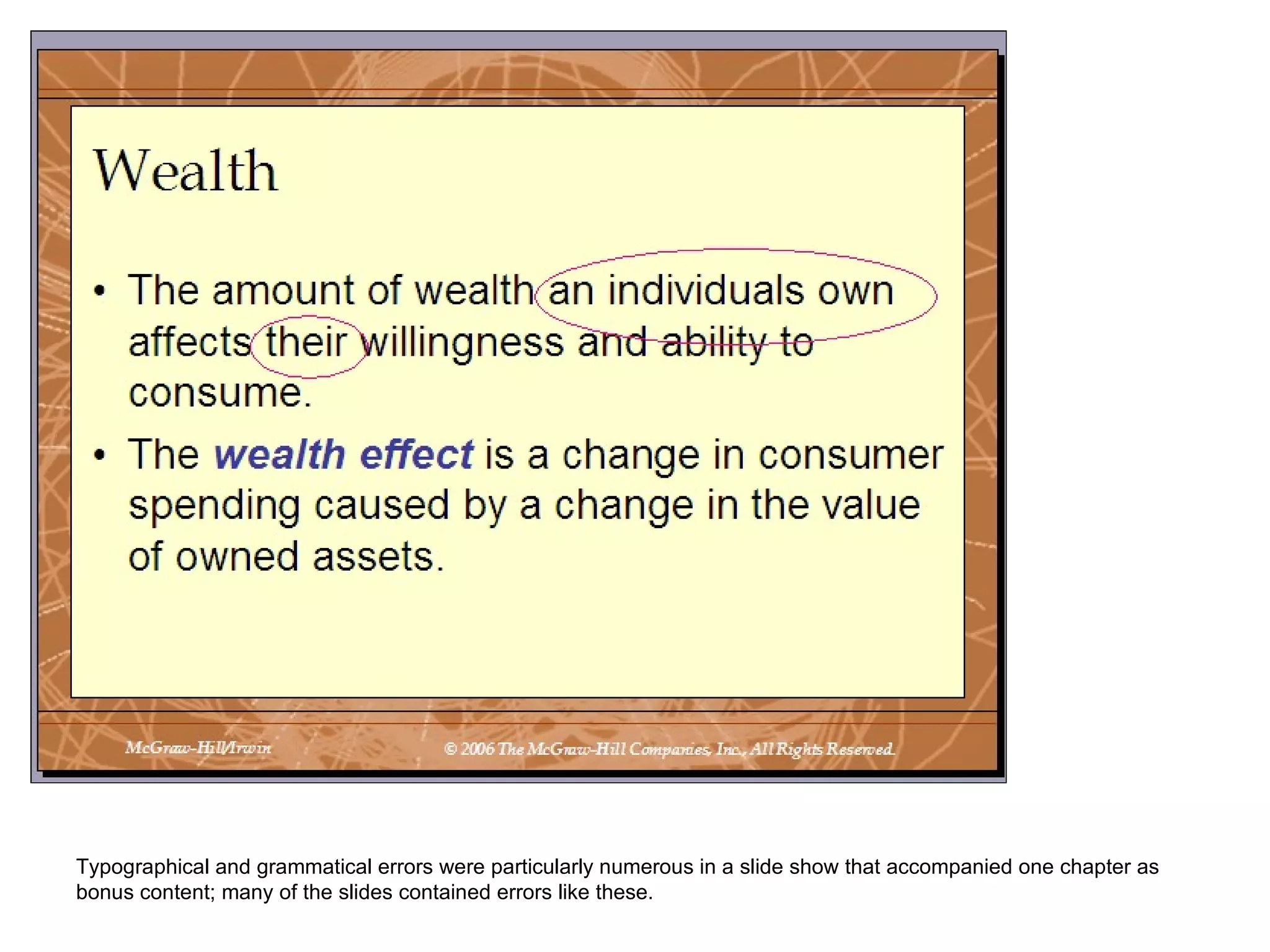 Typographical and grammatical errors were particularly numerous in a slide show that accompanied one chapter as bonus content; many of the slides contained errors like these. 