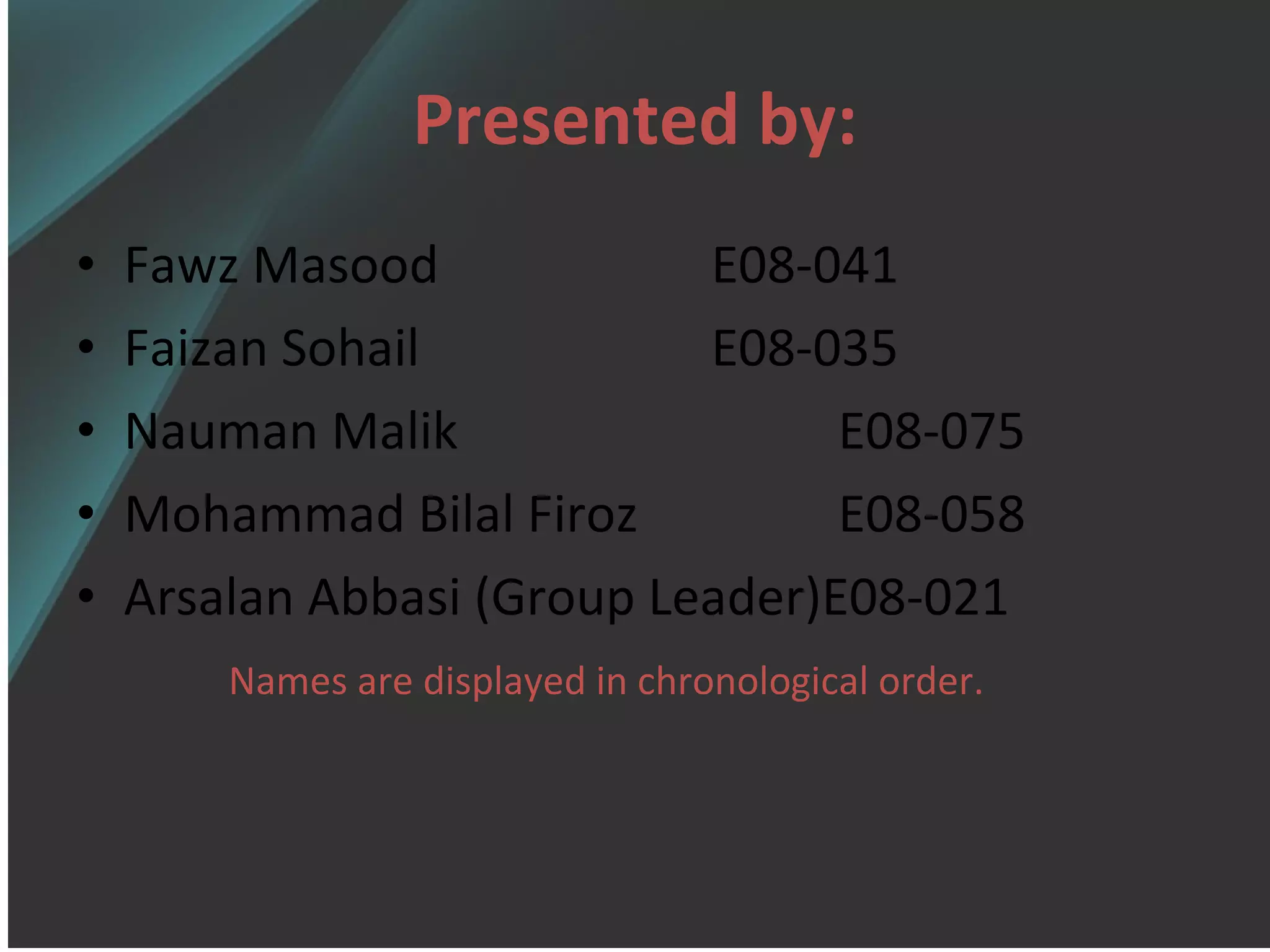 Presented by: Fawz Masood  E08-041 Faizan Sohail E08-035 Nauman Malik E08-075 Mohammad Bilal Firoz E08-058 Arsalan Abbasi (Group Leader)E08-021 Names are displayed in chronological order. 