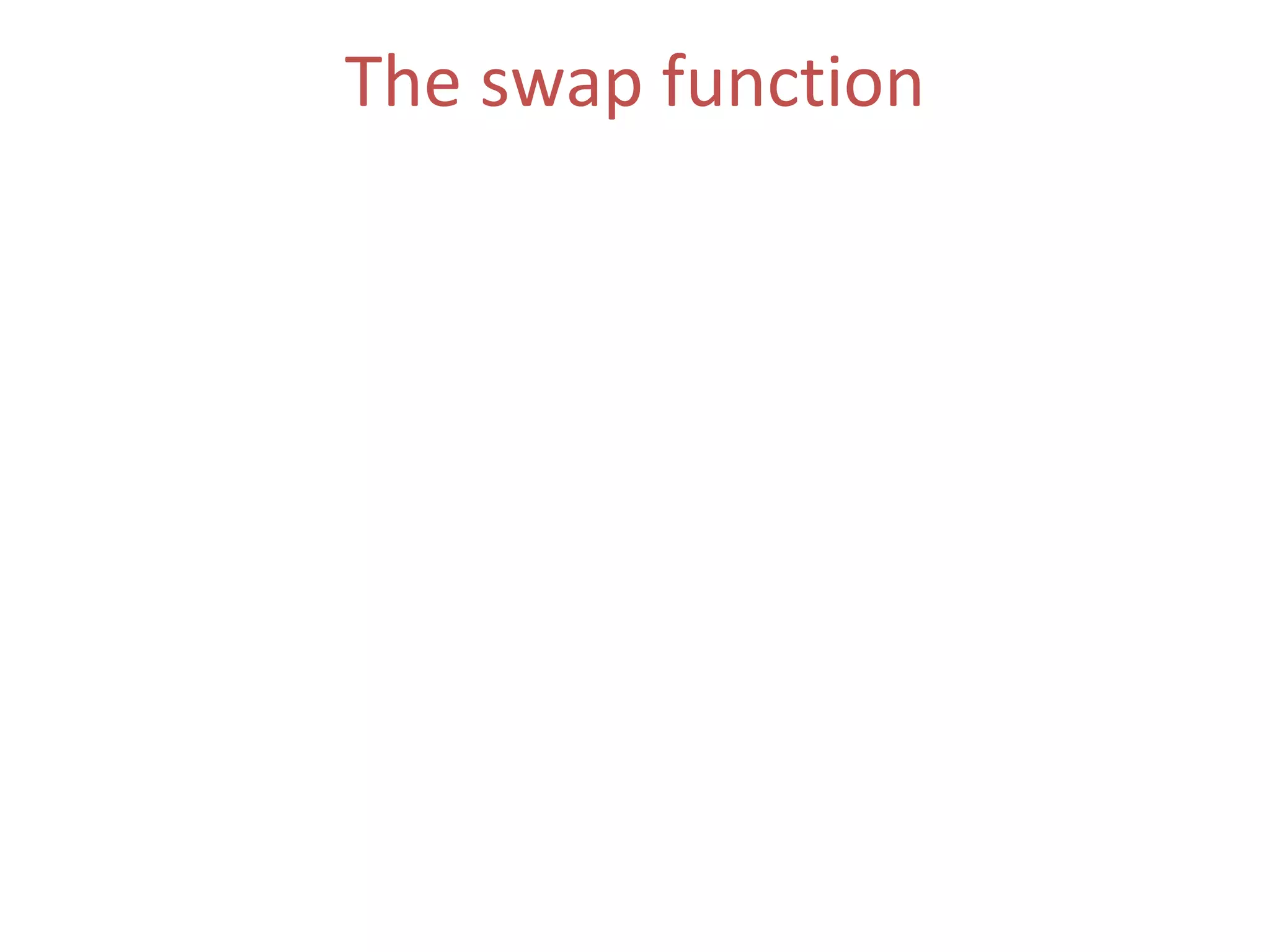 The swap function Assigns the content of  a  to  b  and the content of  b  to  a   (ii)  The Function Parameters  :  a, b Two objects, whose contents are swapped . 