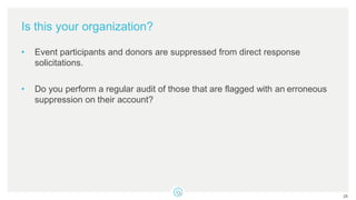Is this your organization?
• Event participants and donors are suppressed from direct response
solicitations.
• Do you perform a regular audit of those that are flagged with an erroneous
suppression on their account?
25
 