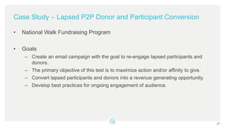 Case Study – Lapsed P2P Donor and Participant Conversion
• National Walk Fundraising Program
• Goals
– Create an email campaign with the goal to re-engage lapsed participants and
donors.
– The primary objective of this test is to maximize action and/or affinity to give.
– Convert lapsed participants and donors into a revenue generating opportunity.
– Develop best practices for ongoing engagement of audience.
27
 