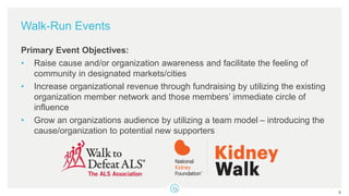 Walk-Run Events
Primary Event Objectives:
• Raise cause and/or organization awareness and facilitate the feeling of
community in designated markets/cities
• Increase organizational revenue through fundraising by utilizing the existing
organization member network and those members’ immediate circle of
influence
• Grow an organizations audience by utilizing a team model – introducing the
cause/organization to potential new supporters
6
 
