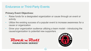 Endurance or Third-Party Events
Primary Event Objectives:
• Raise funds for a designated organization or cause through an event or
activity
• Utilize the existing success of a popular event to increase awareness for a
cause or organization
• Grow your organization audience utilizing a team model – introducing the
cause/organization to potential new supporters
7
 