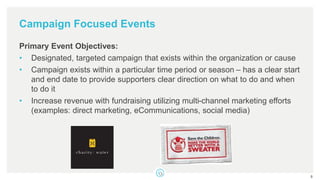 Campaign Focused Events
Primary Event Objectives:
• Designated, targeted campaign that exists within the organization or cause
• Campaign exists within a particular time period or season – has a clear start
and end date to provide supporters clear direction on what to do and when
to do it
• Increase revenue with fundraising utilizing multi-channel marketing efforts
(examples: direct marketing, eCommunications, social media)
8
 