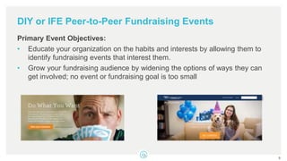 DIY or IFE Peer-to-Peer Fundraising Events
Primary Event Objectives:
• Educate your organization on the habits and interests by allowing them to
identify fundraising events that interest them.
• Grow your fundraising audience by widening the options of ways they can
get involved; no event or fundraising goal is too small
9
 