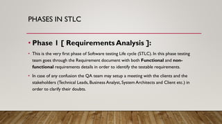 PHASES IN STLC
• Phase 1 [ Requirements Analysis ]:
• This is the very first phase of Software testing Life cycle (STLC). In this phase testing
team goes through the Requirement document with both Functional and non-
functional requirements details in order to identify the testable requirements.
• In case of any confusion the QA team may setup a meeting with the clients and the
stakeholders (Technical Leads, Business Analyst, System Architects and Client etc.) in
order to clarify their doubts.
 