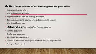 Activities to be done inTest Planning phase are given below:
• Estimation of testing effort
• Selection of Testing Approach
• Preparation of Test Plan,Test strategy documents
• Resource planning and assigning roles and responsibility to them
• Selection of Testing tool
• Deliverables (Outcome) of Test Planning phase are:
• Test Plan document
• Test Strategy document
• Best suitedTesting Approach
• Number of Resources, skill required and their roles and responsibilities
• Testing tool to be used
 