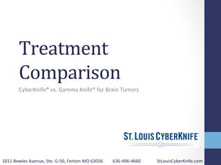 Treatment	
  
Comparison	
  
	
  
CyberKnife®	
  vs.	
  Gamma	
  Knife®	
  for	
  Brain	
  Tumors	
  
1011	
  Bowles	
  Avenue,	
  Ste.	
  G-­‐50,	
  Fenton	
  MO	
  63026 	
  636-­‐496-­‐4660 	
  StLouisCyberKnife.com	
  
 