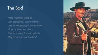 More meetings (kind of)
Less (perceived) accountability
Less (unnecessary) documentation

More requirement churn
Shorter runway for writing tests
May require a new “toolbox”

 