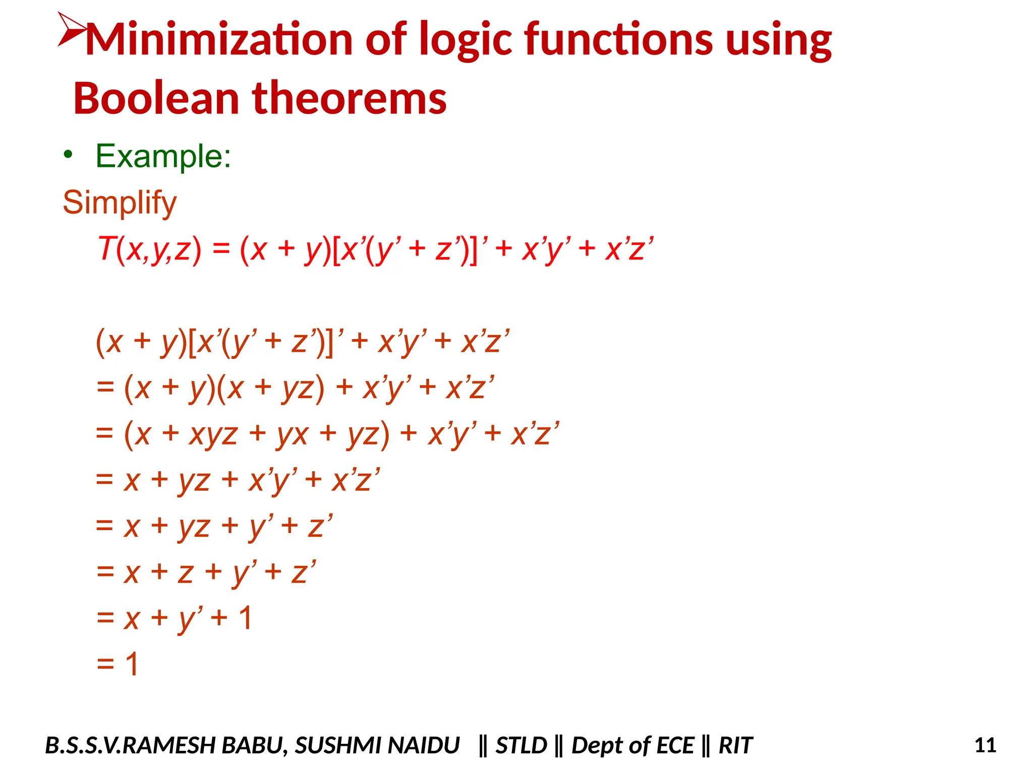Minimization of logic functions using
Boolean theorems
• Example:
Simplify
T(x,y,z) = (x + y)[x’(y’ + z’)]’ + x’y’ + x’z’
(x + y)[x’(y’ + z’)]’ + x’y’ + x’z’
= (x + y)(x + yz) + x’y’ + x’z’
= (x + xyz + yx + yz) + x’y’ + x’z’
= x + yz + x’y’ + x’z’
= x + yz + y’ + z’
= x + z + y’ + z’
= x + y’ + 1
= 1
B.S.S.V.RAMESH BABU, SUSHMI NAIDU ‖ STLD ‖ Dept of ECE ‖ RIT 11
 