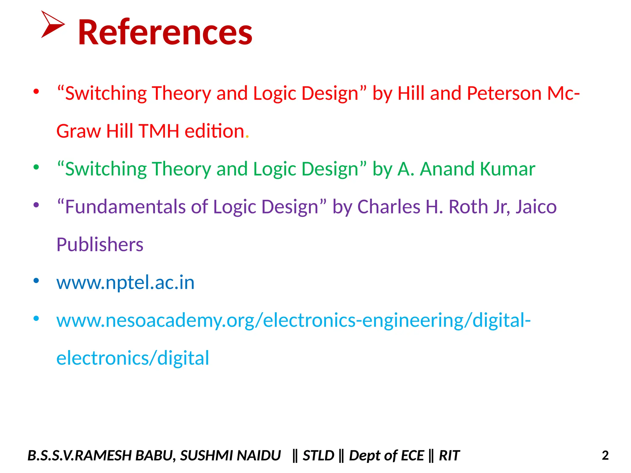  References
• “Switching Theory and Logic Design” by Hill and Peterson Mc-
Graw Hill TMH edition.
• “Switching Theory and Logic Design” by A. Anand Kumar
• “Fundamentals of Logic Design” by Charles H. Roth Jr, Jaico
Publishers
• www.nptel.ac.in
• www.nesoacademy.org/electronics-engineering/digital-
electronics/digital
B.S.S.V.RAMESH BABU, SUSHMI NAIDU ‖ STLD ‖ Dept of ECE ‖ RIT 2
 