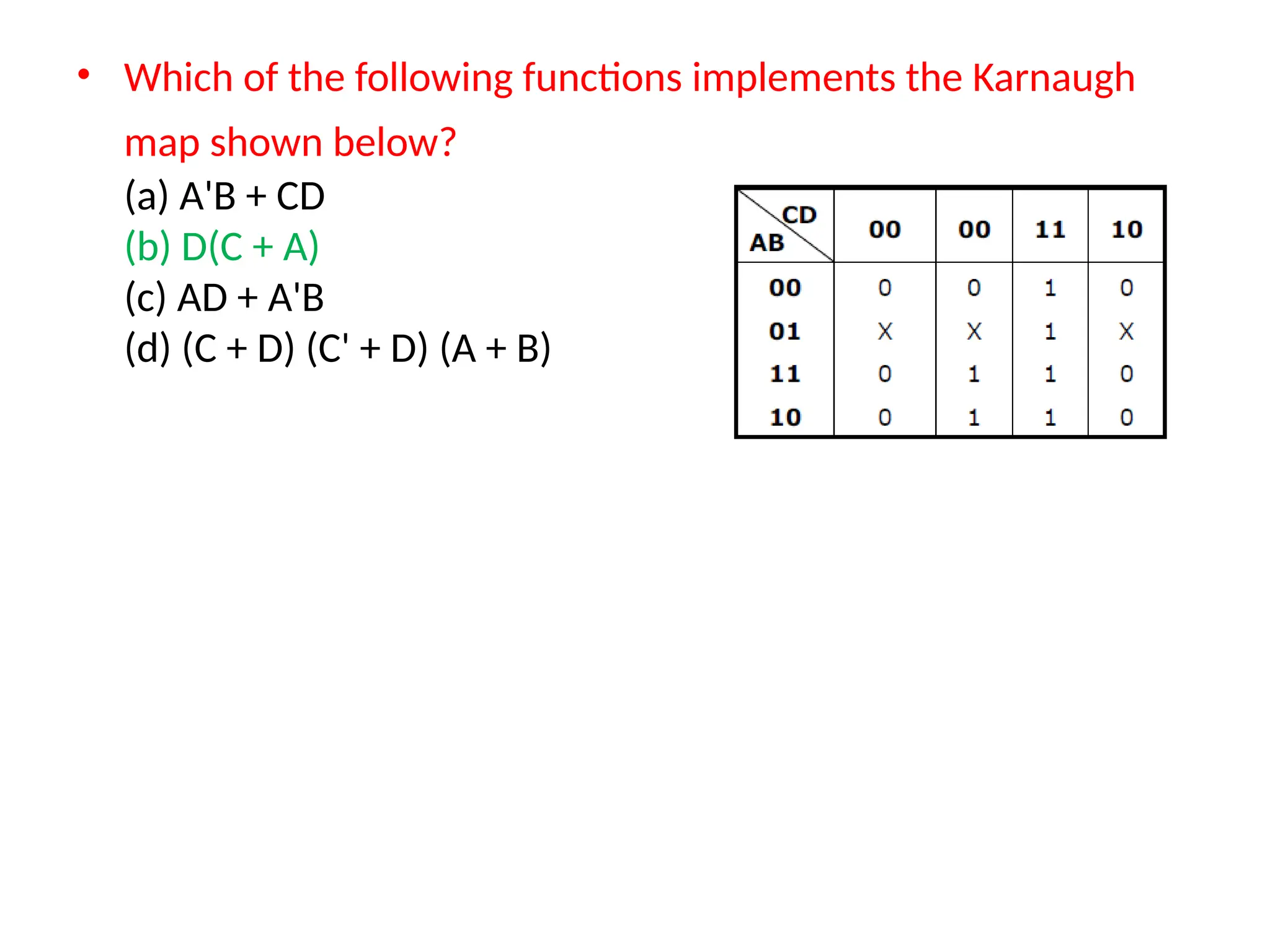 • Which of the following functions implements the Karnaugh
map shown below?
(a) A'B + CD
(b) D(C + A)
(c) AD + A'B
(d) (C + D) (C' + D) (A + B)
 