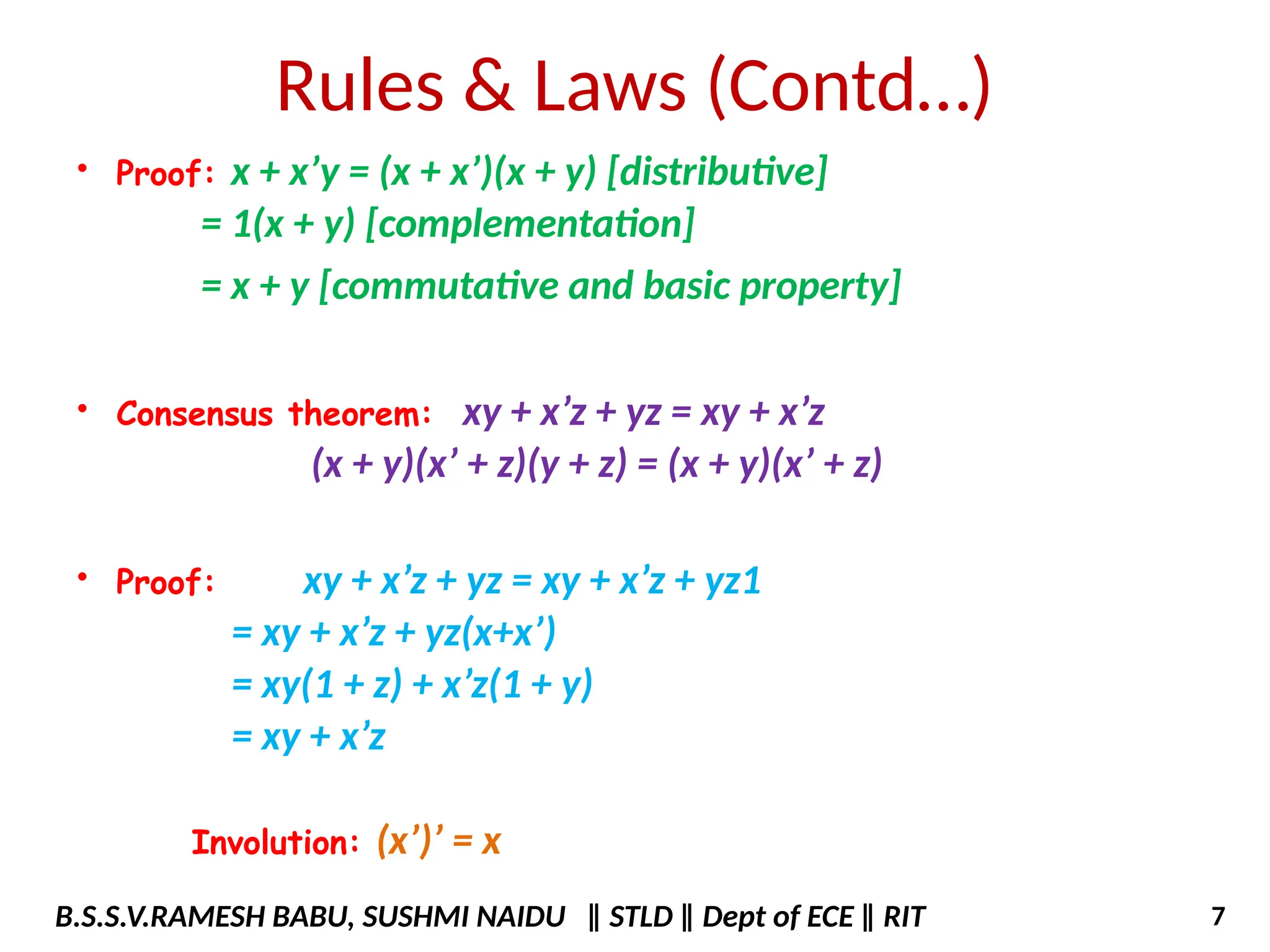 Rules & Laws (Contd…)
• Proof: x + x’y = (x + x’)(x + y) [distributive]
= 1(x + y) [complementation]
= x + y [commutative and basic property]
• Consensus theorem: xy + x’z + yz = xy + x’z
(x + y)(x’ + z)(y + z) = (x + y)(x’ + z)
• Proof: xy + x’z + yz = xy + x’z + yz1
= xy + x’z + yz(x+x’)
= xy(1 + z) + x’z(1 + y)
= xy + x’z
Involution: (x’)’ = x
B.S.S.V.RAMESH BABU, SUSHMI NAIDU ‖ STLD ‖ Dept of ECE ‖ RIT 7
 
