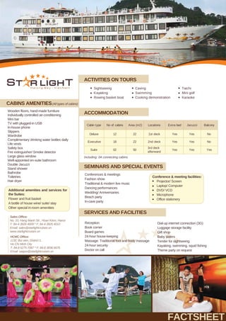 Taichi
Mini golf
KaraokeRowing basket boat
Sightseeing
Kayaking
Caving
Swimming
Cooking demonstration
Cabin type No of cabins Area (m2) Locations Extra bed Jacuzzi
Deluxe 22 1st deck
Including: 04 connecting cabins
Yes12
Executive
Suite 50
22 2nd deck
3rd deck
afterward
Yes
Yes
Yes
Yes
Yes
18
02
Balcony
No
No
Yes
FACTSHEET
ACTIVITIES ON TOURS
ACCOMMODATION
CABINS AMENITIES
SEMINARS AND SPECIAL EVENTS
SERVICES AND FACILITIES
Conference & meeting facilities:
Projector/ Screen
Laptop/ Computer
DVD/ VCD
Microphone
Office stationery
Additional amenities and services for
the Suites:
Flower and fruit basket
A bottle of house wine/ suite/ stay
Other special in-room amenities
HCMC Office:
113C Bui vien, District 1,
Ho Chi Minh City
T: 84-8 6275 7087 * F: 84-8 3838 6676
Email: saigon@starlightcruises.vn
Sales Office:
No. 10, Hang Manh Str., Hoan Kiem, Hanoi
T: 84-4-3926 4009 * F: 84-4-3926 4010
Email: sales@starlightcruises.vn
www.starlightcruises.vn
(All types of cabins)
Wooden floors, hand-made furniture
Individually controlled air-conditioning
Mini bar
TV with plugged-in USB
In-house phone
Slippers
Wardrobe
Complimentary drinking water bottles daily
Life vests
Safety box
Fire extinguisher/ Smoke detector
Large glass window
Well-appointed en-suite bathroom
Double Jacuzzi
Stand shower
Bathrobe
Toiletries
Hair dryer
Reception
Book corner
Board games
24-hour house-keeping
Massage: Traditional foot and body massage
24-hour security
Doctor on call
Conferences & meetings
Fashion show
Traditional & modern live music
Dancing performances
Wedding/ Anniversaries
Beach party
In-cave party
Dial-up internet connection (3G)
Luggage storage facility
Gift shop
Baby sisters
Tender for sightseeing
Kayaking, swimming, squid fishing
Theme party on request
 