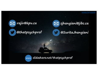 @thatpsychprof
rajiv@kpu.ca
slideshare.net/thatpsychprofWWW
@SuritaJhangiani
sjhangiani@jibc.ca
Jonatan	
  Pie/Unsplash
 