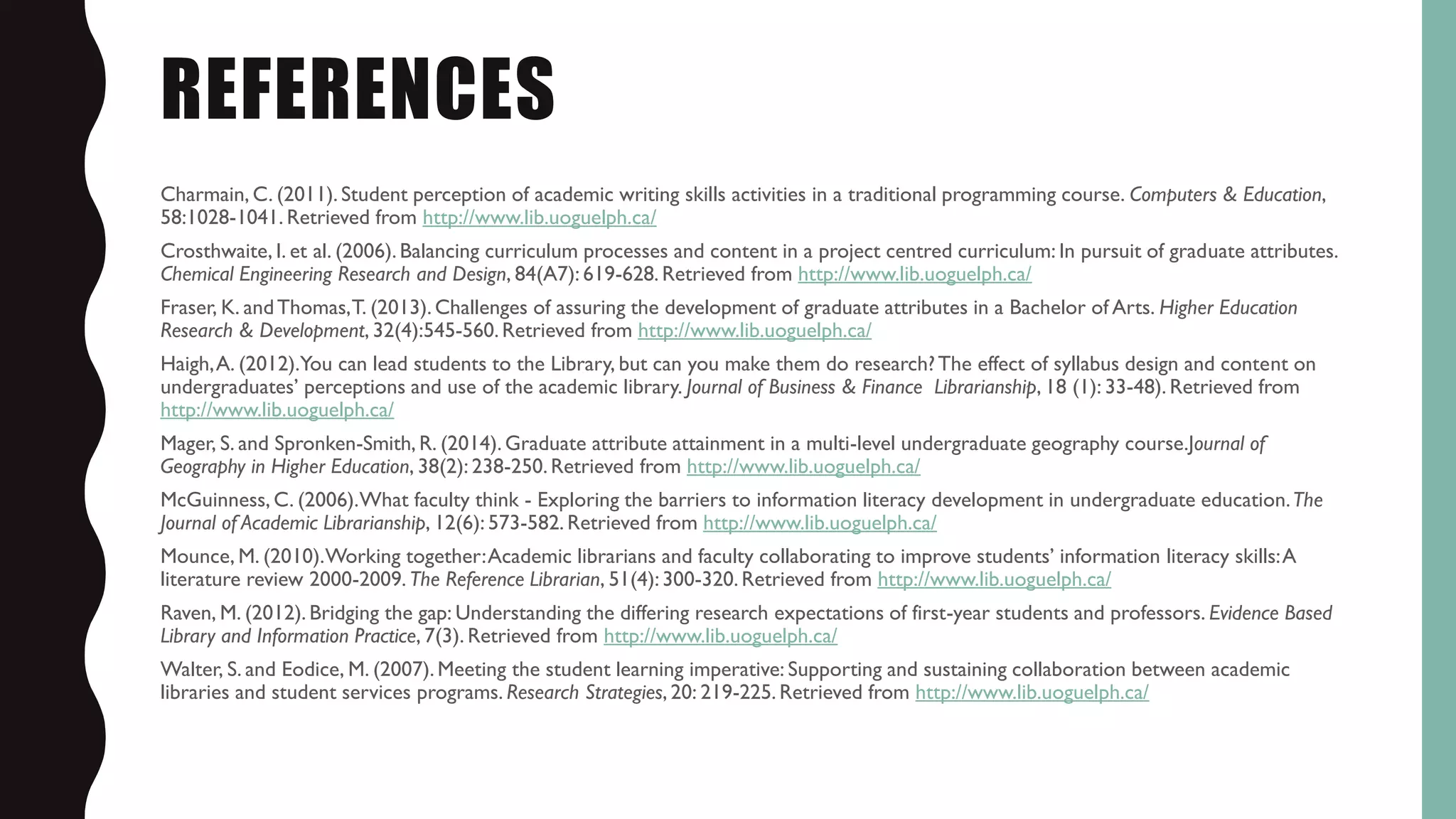 REFERENCES
Charmain, C. (2011). Student perception of academic writing skills activities in a traditional programming course. Computers & Education,
58:1028-1041. Retrieved from http://www.lib.uoguelph.ca/
Crosthwaite, I. et al. (2006).Balancing curriculum processes and content in a project centred curriculum: In pursuit of graduate attributes.
Chemical Engineering Research and Design, 84(A7): 619-628. Retrieved from http://www.lib.uoguelph.ca/
Fraser, K. andThomas,T. (2013).Challenges of assuring the development of graduate attributes in a Bachelor of Arts. Higher Education
Research & Development, 32(4):545-560.Retrieved from http://www.lib.uoguelph.ca/
Haigh,A. (2012).You can lead students to the Library, but can you make them do research?The effect of syllabus design and content on
undergraduates’ perceptions and use of the academic library. Journal of Business & Finance Librarianship, 18 (1): 33-48). Retrieved from
http://www.lib.uoguelph.ca/
Mager, S. and Spronken-Smith, R. (2014).Graduate attribute attainment in a multi-level undergraduate geography course.Journal of
Geography in Higher Education, 38(2): 238-250.Retrieved from http://www.lib.uoguelph.ca/
McGuinness, C. (2006).What faculty think - Exploring the barriers to information literacy development in undergraduate education.The
Journal of Academic Librarianship, 12(6): 573-582. Retrieved from http://www.lib.uoguelph.ca/
Mounce, M. (2010).Working together:Academic librarians and faculty collaborating to improve students’ information literacy skills:A
literature review 2000-2009. The Reference Librarian, 51(4):300-320.Retrieved from http://www.lib.uoguelph.ca/
Raven, M. (2012). Bridging the gap: Understanding the differing research expectations of first-year students and professors. Evidence Based
Library and Information Practice, 7(3). Retrieved from http://www.lib.uoguelph.ca/
Walter, S. and Eodice, M. (2007).Meeting the student learning imperative: Supporting and sustaining collaboration between academic
libraries and student services programs. Research Strategies, 20: 219-225. Retrieved from http://www.lib.uoguelph.ca/
 