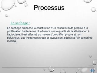 11
Processus
Le séchage :
Le séchage empêche la constitution d’un milieu humide propice à la
prolifération bactérienne. Il influence sur la qualité de la stérilisation à
l’autoclave. Il est effectué au moyen d’un chiffon propre et non
pelucheux. Les instrument creux et tuyaux sont séchés à l’air comprimé
médical.
 