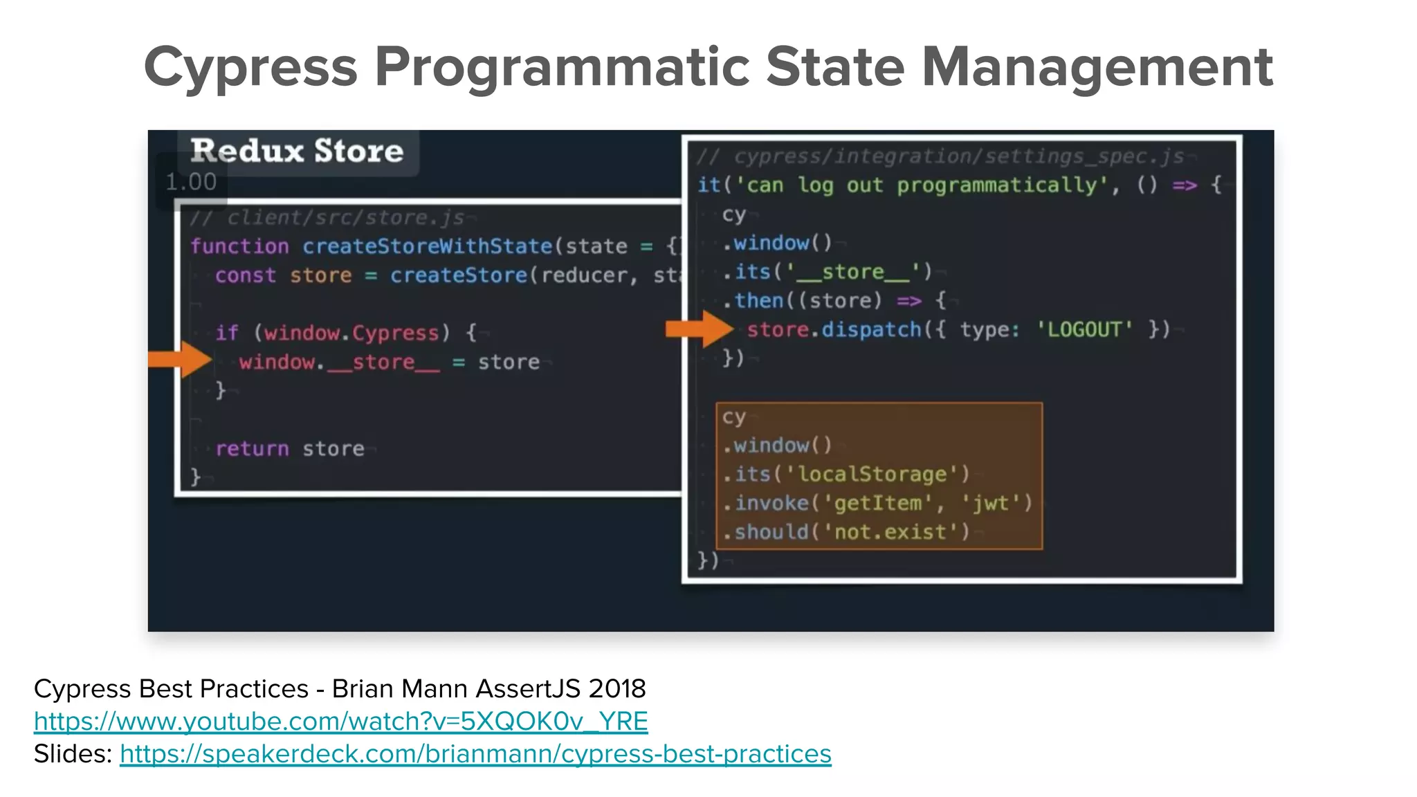 Cypress Programmatic State Management
Cypress Best Practices - Brian Mann AssertJS 2018
https://www.youtube.com/watch?v=5XQOK0v_YRE
Slides: https://speakerdeck.com/brianmann/cypress-best-practices
 