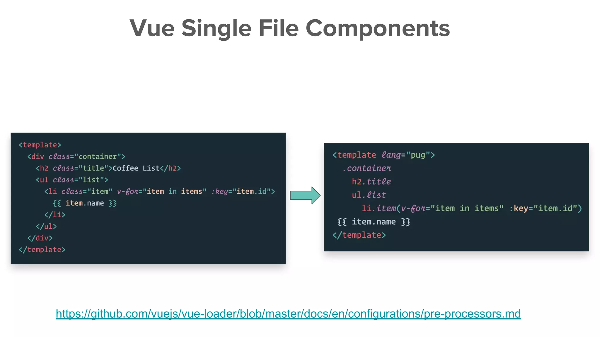 Vue Single File Components
https://github.com/vuejs/vue-loader/blob/master/docs/en/configurations/pre-processors.md
 