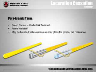 Laceration Cessation
Seminar
The Best Value In Safety Solutions Since 1946
Para-Aramid Yarns
• Brand Names – Kevlar® & Twaron®
• Flame resistant
• May be blended with stainless steel or glass for greater cut resistance
 