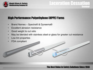 Laceration Cessation
Seminar
The Best Value In Safety Solutions Since 1946
High Performance Polyethylene (HPPE) Yarns
• Brand Names – Spectra® & Dyneema®
• Excellent abrasion resistance
• Good weight to cut ratio
• May be blended with stainless steel or glass for greater cut resistance
• Low lint properties
• FDA compliant
 