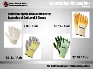 Laceration Cessation
Seminar
The Best Value In Safety Solutions Since 1946
Determining the Level of Dexterity
Examples of Cut Level 2 Gloves
$3.14 / Pair$.87 / Pair
$6.33 / Pair $7.70 / Pair
 