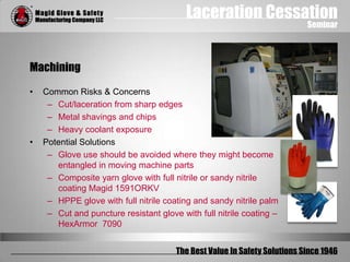 Laceration Cessation
Seminar
The Best Value In Safety Solutions Since 1946
Machining
• Common Risks & Concerns
– Cut/laceration from sharp edges
– Metal shavings and chips
– Heavy coolant exposure
• Potential Solutions
– Glove use should be avoided where they might become
entangled in moving machine parts
– Composite yarn glove with full nitrile or sandy nitrile
coating Magid 1591ORKV
– HPPE glove with full nitrile coating and sandy nitrile palm
– Cut and puncture resistant glove with full nitrile coating –
HexArmor 7090
 