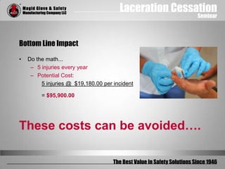 Laceration Cessation
Seminar
The Best Value In Safety Solutions Since 1946
Bottom Line Impact
• Do the math...
– 5 injuries every year
– Potential Cost:
5 injuries @ $19,180.00 per incident
= $95,900.00
These costs can be avoided….
 