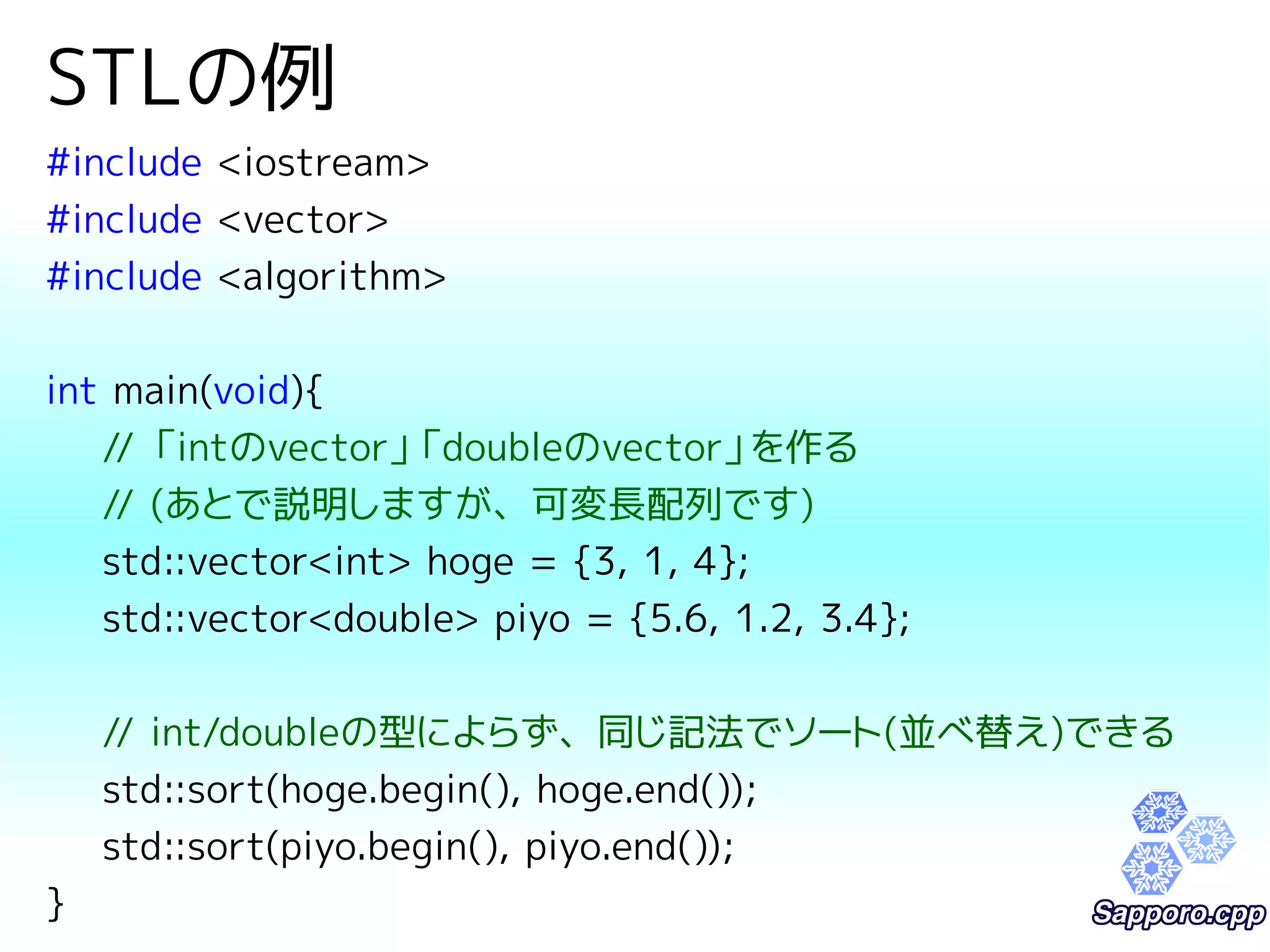 STLの例 
#include <iostream> 
#include <vector> 
#include <algorithm> 
int main(void){ 
// 「intのvector」「doubleのvector」を作る 
// (あとで説明しますが、可変長配列です) 
std::vector<int> hoge = {3, 1, 4}; 
std::vector<double> piyo = {5.6, 1.2, 3.4}; 
// int/doubleの型によらず、同じ記法でソート(並べ替え)できる 
std::sort(hoge.begin(), hoge.end()); 
std::sort(piyo.begin(), piyo.end()); 
} 
 