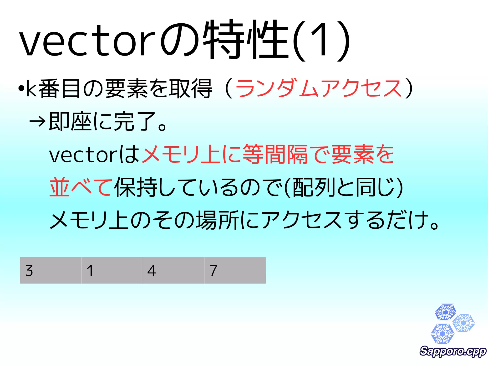 vectorの特性(1) 
●k番目の要素を取得（ランダムアクセス） 
→即座に完了。 
　vectorはメモリ上に等間隔で要素を 
　並べて保持しているので(配列と同じ) 
　メモリ上のその場所にアクセスするだけ。 
3 1 4 7 
 