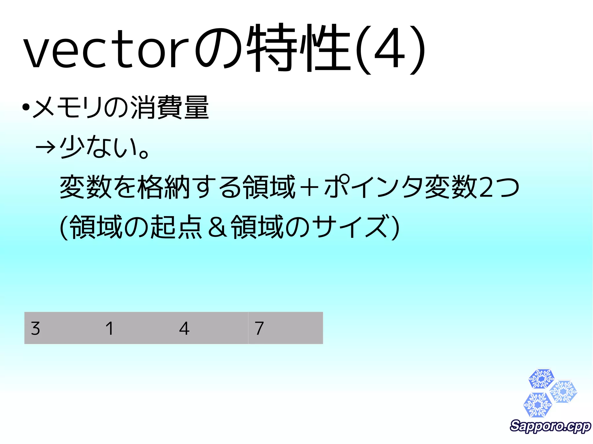 vectorの特性(4) 
●メモリの消費量 
→少ない。 
　変数を格納する領域＋ポインタ変数2つ 
　(領域の起点＆領域のサイズ) 
3 1 4 7 
 