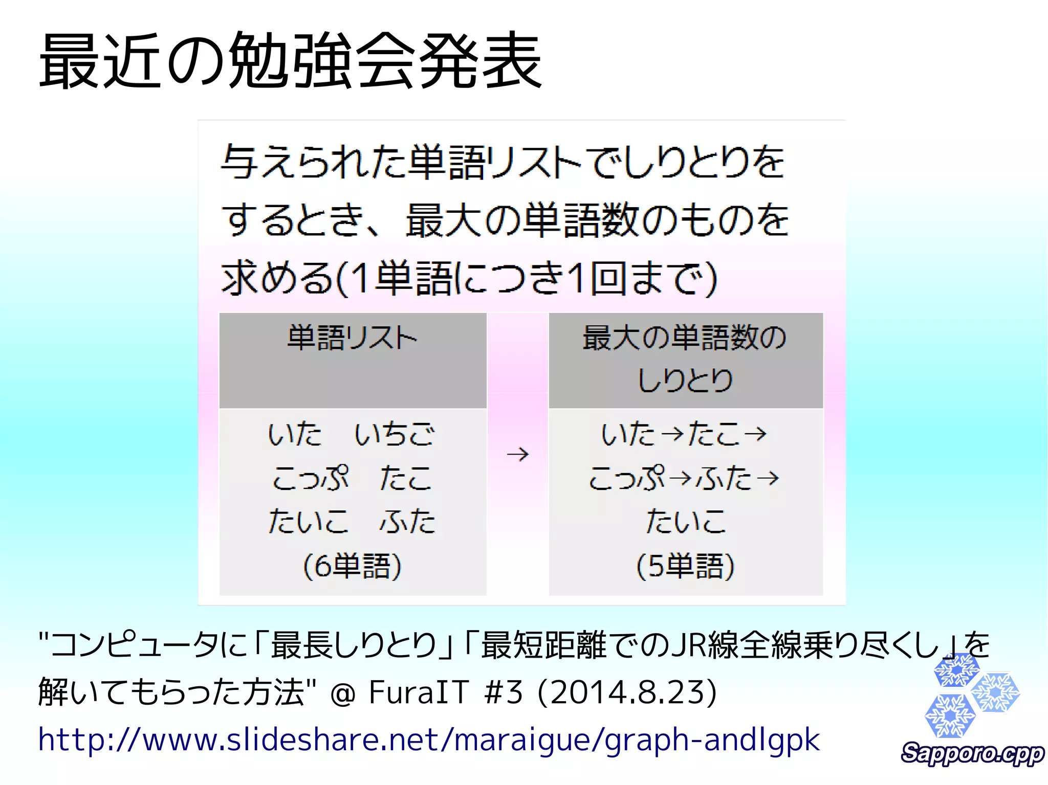 最近の勉強会発表 
"コンピュータに「最長しりとり」「最短距離でのJR線全線乗り尽くし」を 
解いてもらった方法" @ FuraIT #3 (2014.8.23) 
http://www.slideshare.net/maraigue/graph-andlgpk 
 