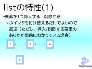 listの特性(1) 
●要素を1つ挿入する・削除する 
→ポインタを付け替えるだけでよいので 
　高速（ただし、挿入/削除する要素の 
　ありかが事前にわかっている場合） 
3 1 4 
5 
 