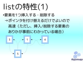listの特性(1) 
●要素を1つ挿入する・削除する 
→ポインタを付け替えるだけでよいので 
　高速（ただし、挿入/削除する要素の 
　ありかが事前にわかっている場合） 
3 1 4 
5 
 