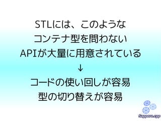 STLには、このような 
コンテナ型を問わない 
APIが大量に用意されている 
↓ 
コードの使い回しが容易 
型の切り替えが容易 
 