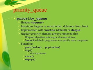 priority_queue
 priority_queue
Header <queue>
Insertions happen in sorted order, deletions from front
Implemented with vector (default) or deque
Highest priority element always removed first
Heapsort algorithm puts largest elements at front
less<T> default, programmer can specify other comparator
Functions
push(value), pop(value)
top()
 View top element
size()
empty()
 