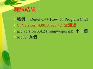 測試結果
範例： Deitel C++ How To Program Ch21
Cl Version 14.00.50727.42 全通過
gcc version 3.4.2 (mingw-special) 十二個
bcc32 九個
 