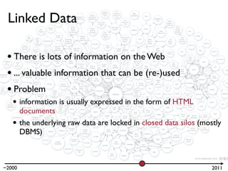 Linked Data

 • There is lots of information on the Web
 • ... valuable information that can be (re-)used
 • Problem
   • information is usually expressed in the form of HTML
        documents
   •    the underlying raw data are locked in closed data silos (mostly
        DBMS)



~2000                                                               2011
 