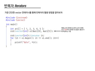 반복자 Iterators
가장 간단한 vector 컨테이너를 통해 반복자의 활용 방법을 알아보자
배열 ari의 0번째 요소부터 ari의 5번째
요소 직전까지 연속한 요소들로 vi를 초기
화 하겠다는 구문
 
