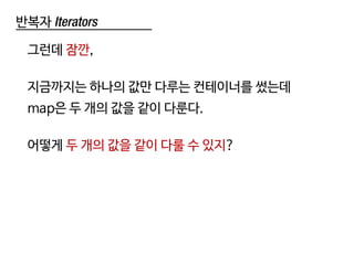 반복자 Iterators
그런데 잠깐,
지금까지는 하나의 값만 다루는 컨테이너를 썼는데
map은 두 개의 값을 같이 다룬다.
어떻게 두 개의 값을 같이 다룰 수 있지?
 