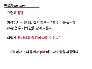 반복자 Iterators
그런데 잠깐,
지금까지는 하나의 값만 다루는 컨테이너를 썼는데
map은 두 개의 값을 같이 다룬다.
어떻게 두 개의 값을 같이 다룰 수 있지?
STL에서는 이를 위해 pair라는 자료형을 제공한다.
 