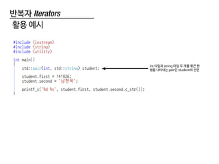 반복자 Iterators
활용 예시
int 타입과 string 타입 두 개를 묶은 한
쌍을 나타내는 pair인 student의 선언
 