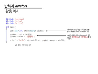 반복자 Iterators
활용 예시
int 타입과 string 타입 두 개를 묶은 한
쌍을 나타내는 pair인 student의 선언
pair자료형에서 first와 second는 각각
pair의 첫 번째 요소와 두 번째 요소를 가
리킨다.
실행 결과는 간단하므로 생략
 