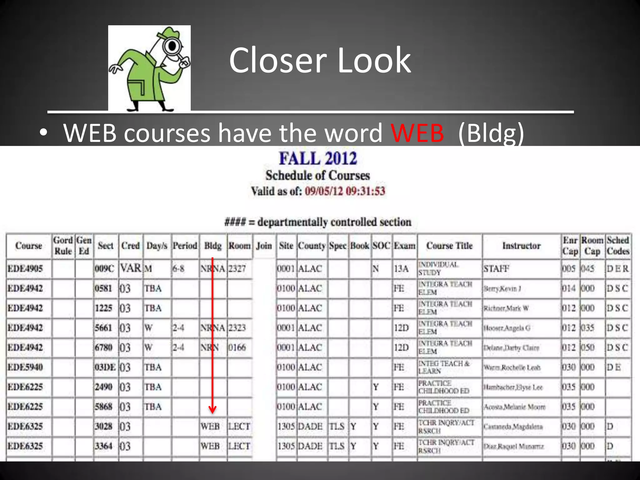 Closer Look
• WEB courses have the word WEB (Bldg)
 